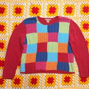 Mountain Lake Colorblock Patchwork Crewneck Sweater - Red Multicolor